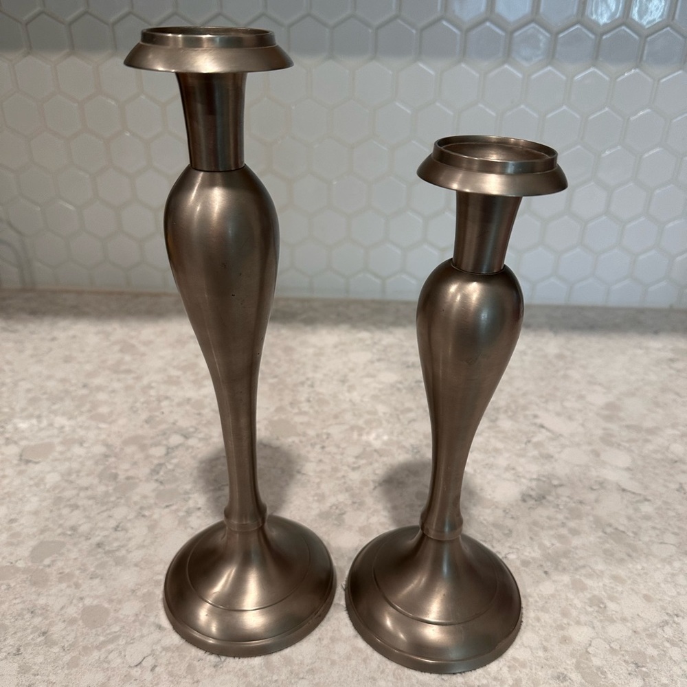 Elegant Set of Two Weighted Pewter Candle Holders 12” and 10”